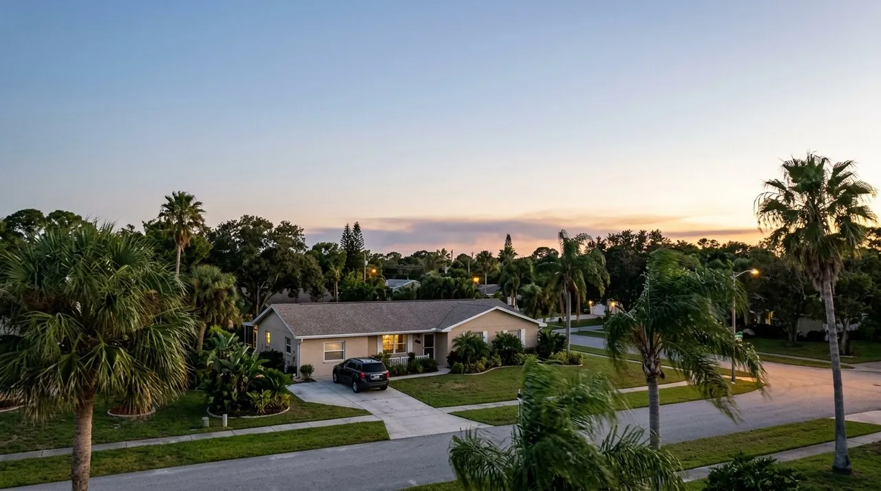 Hazy evening sky over a Palm Bay neighborhood showing the need for fire and smoke testing in Palm Bay homes.
