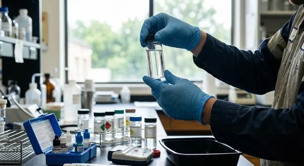 Technician in blue gloves holding a water sample vial in a laboratory, surrounded by testing reagents and analysis equipment.