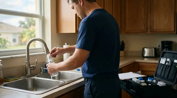 Man collecting a tap water sample into a glass at a kitchen sink beside an open water testing kit.